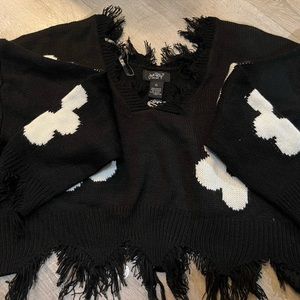 Oversized distressed flower print cropped knit long sleeve